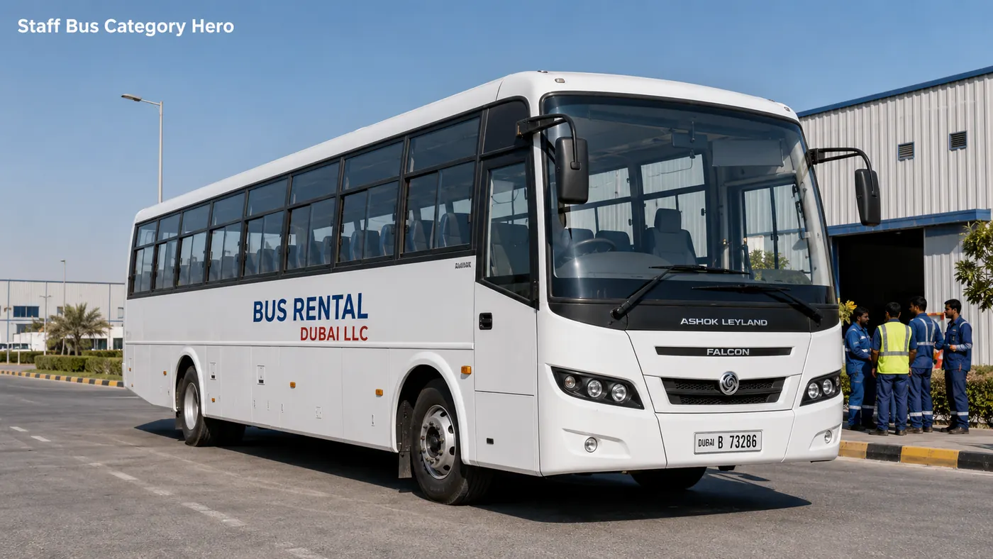 Staff bus rental in Dubai for daily company routes and shift transport