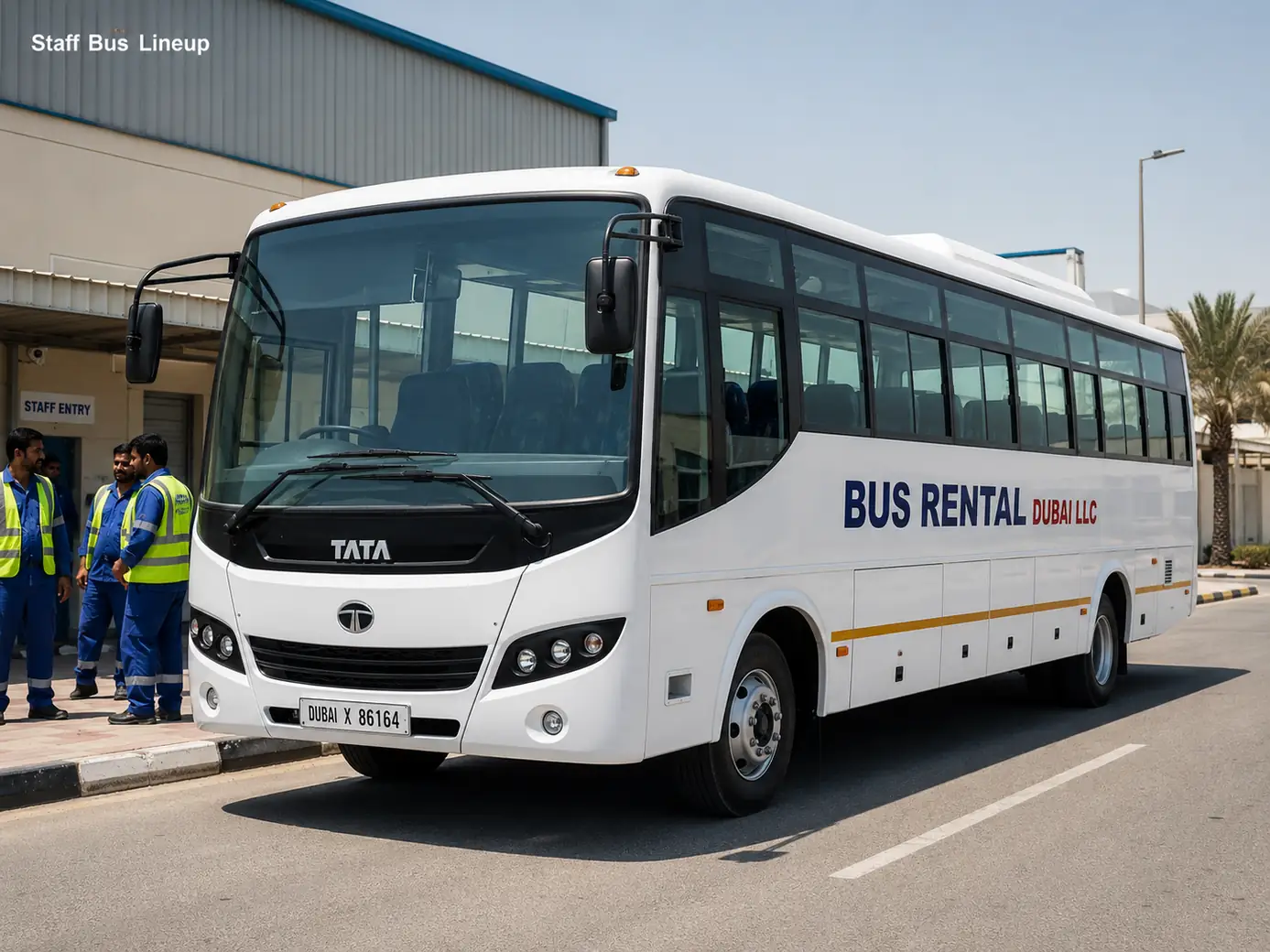 Staff bus lineup for recurring employee transport routes.