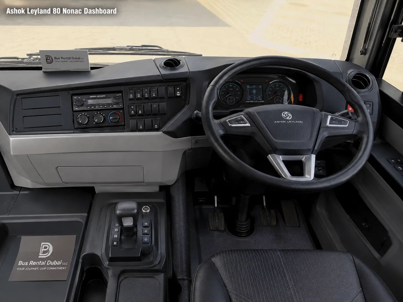Ashok Leyland 80 Seater Labor Non AC Bus Dubai — Dashboard Cockpit Image for Bus Rental Dubai