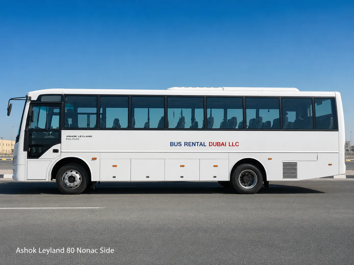Ashok Leyland 80 Seater Labor Non AC Bus Dubai — Vehicle Side Exterior for Bus Rental Dubai