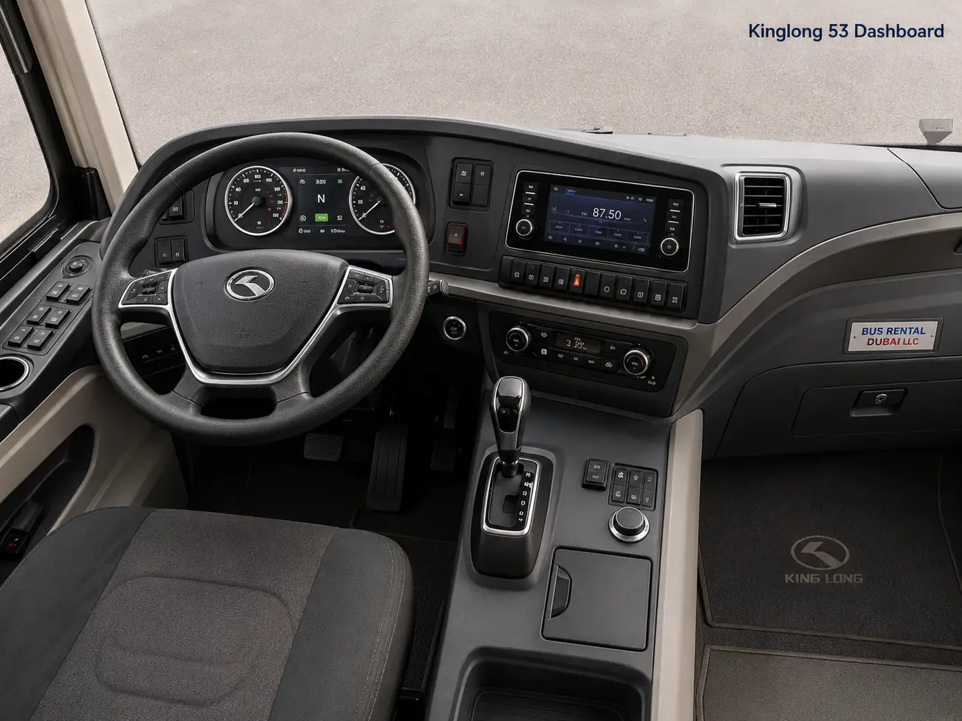 King Long 53 Seater Luxury Bus Rental Dubai — Dashboard Cockpit Image for Bus Rental Dubai