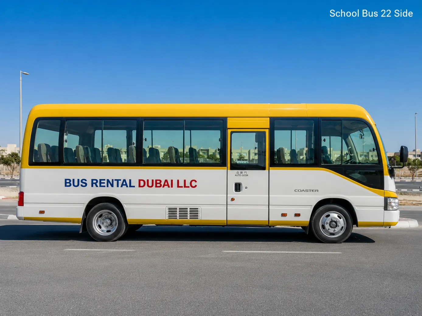 22 Seater School Bus Rental Dubai — Vehicle Side Exterior for Bus Rental Dubai