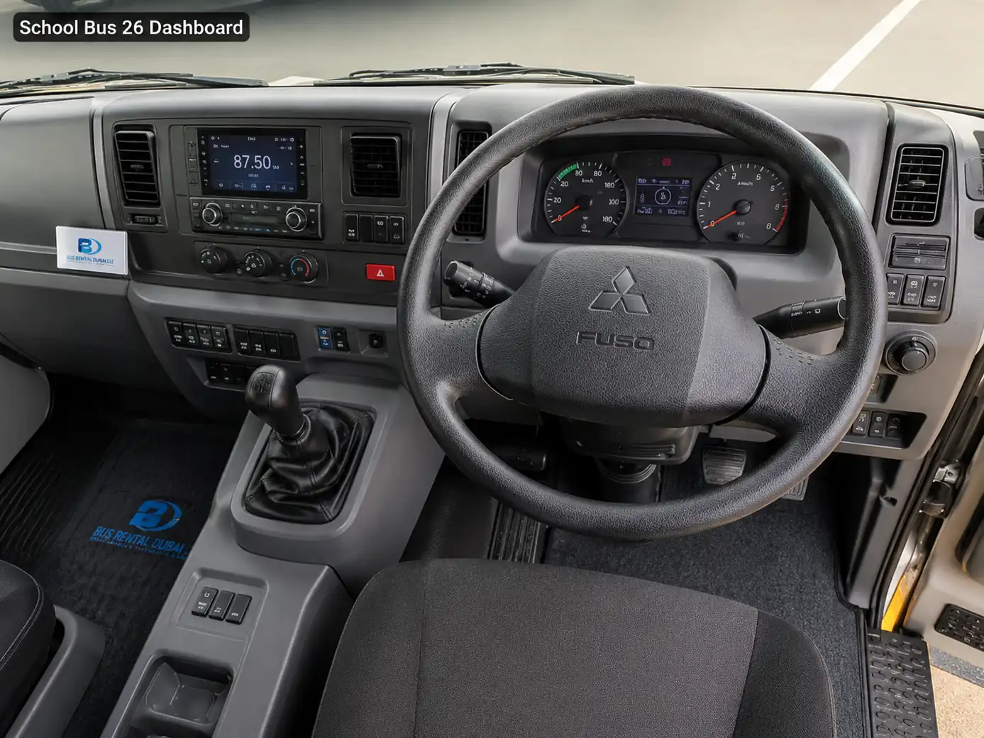 26 Seater School Bus Rental Dubai — Dashboard Cockpit Image for Bus Rental Dubai