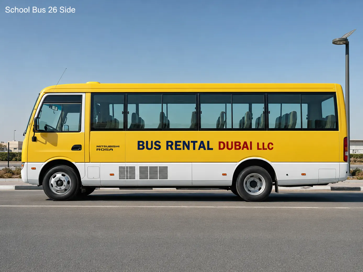 26 Seater School Bus Rental Dubai — Vehicle Side Exterior for Bus Rental Dubai
