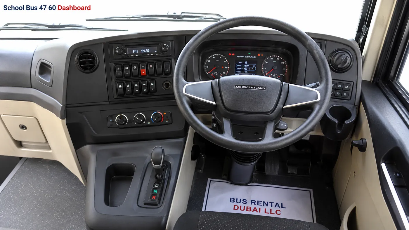 47 to 60 Seater School Bus Rental Dubai — Dashboard Cockpit Image for Bus Rental Dubai