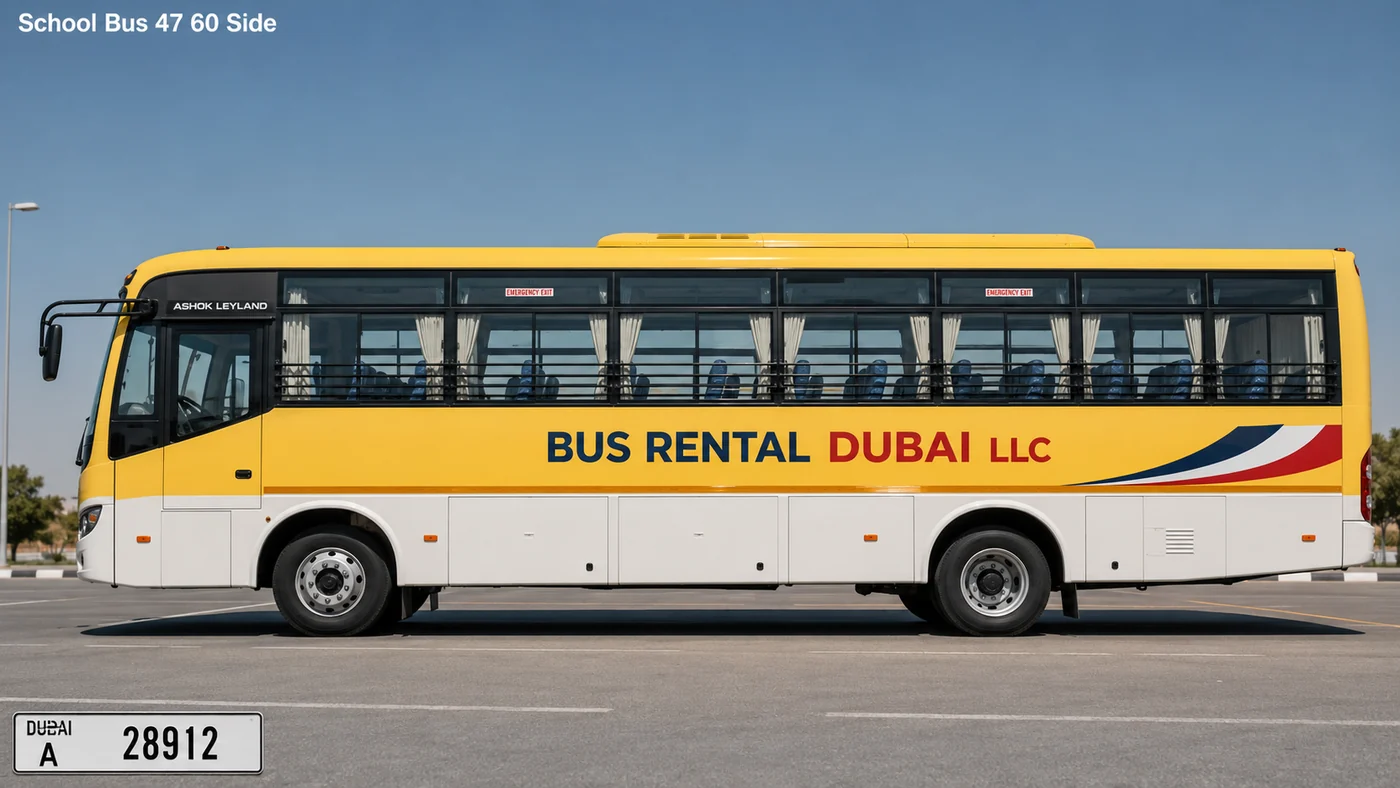 47 to 60 Seater School Bus Rental Dubai — Vehicle Side Exterior for Bus Rental Dubai