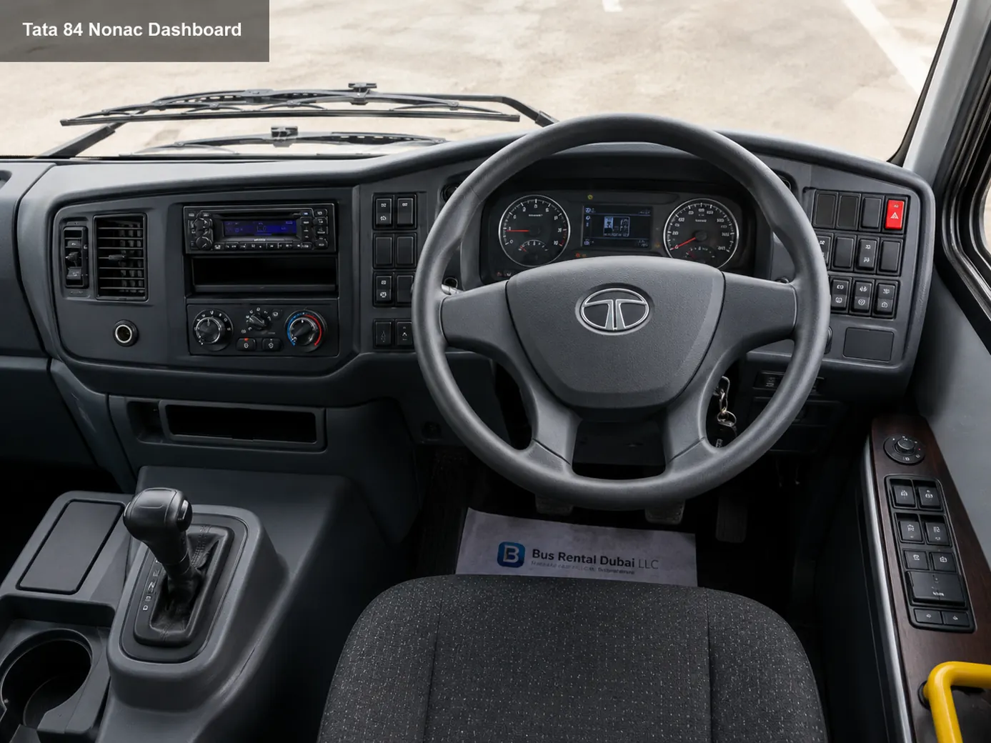 Tata 84 Seater Labor Non AC Bus Dubai — Dashboard Cockpit Image for Bus Rental Dubai
