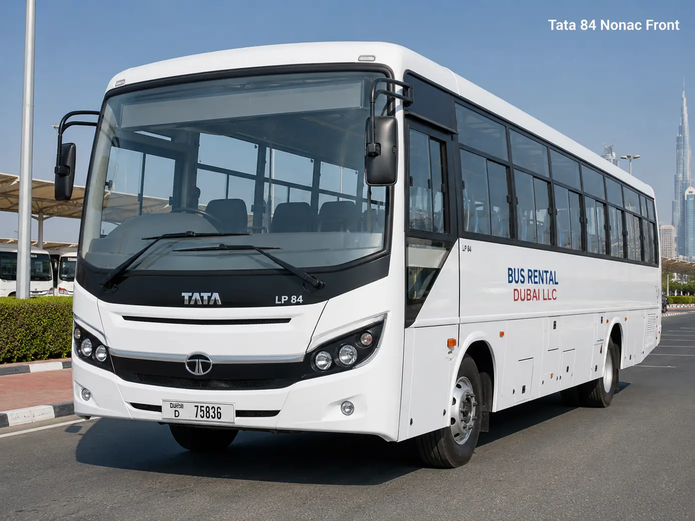 Tata 84 Seater Labor Non AC Bus — tata 84 nonac front for Bus Rental Dubai