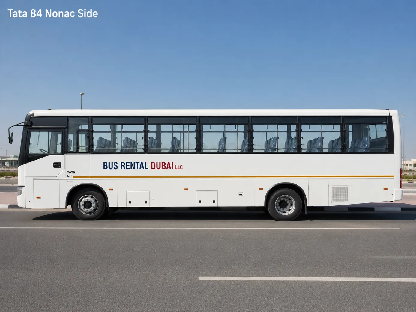 Tata 84 Seater Labor Non AC Bus Dubai — Vehicle Side Exterior for Bus Rental Dubai
