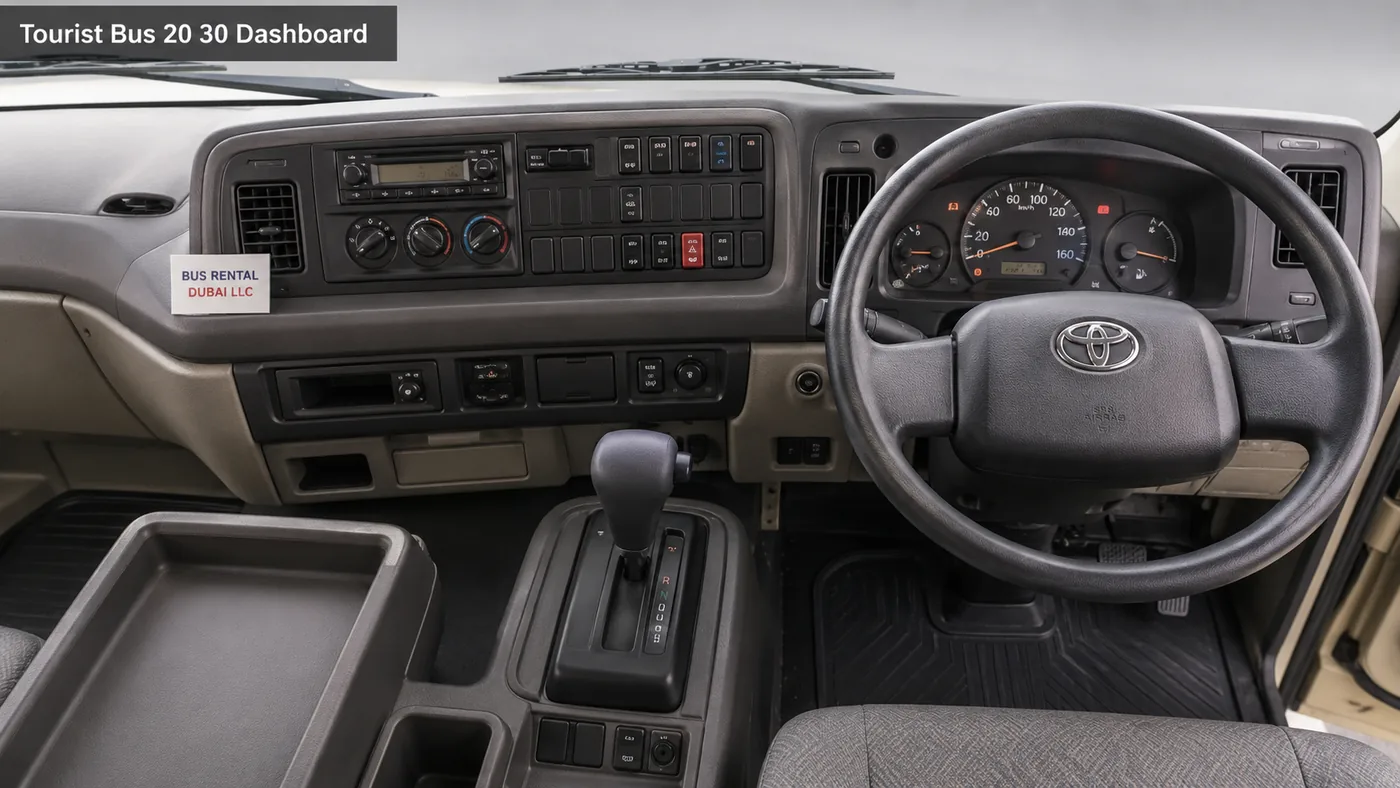 20 to 30 Seater Tourist Bus Rental Dubai — Dashboard Cockpit Image for Bus Rental Dubai