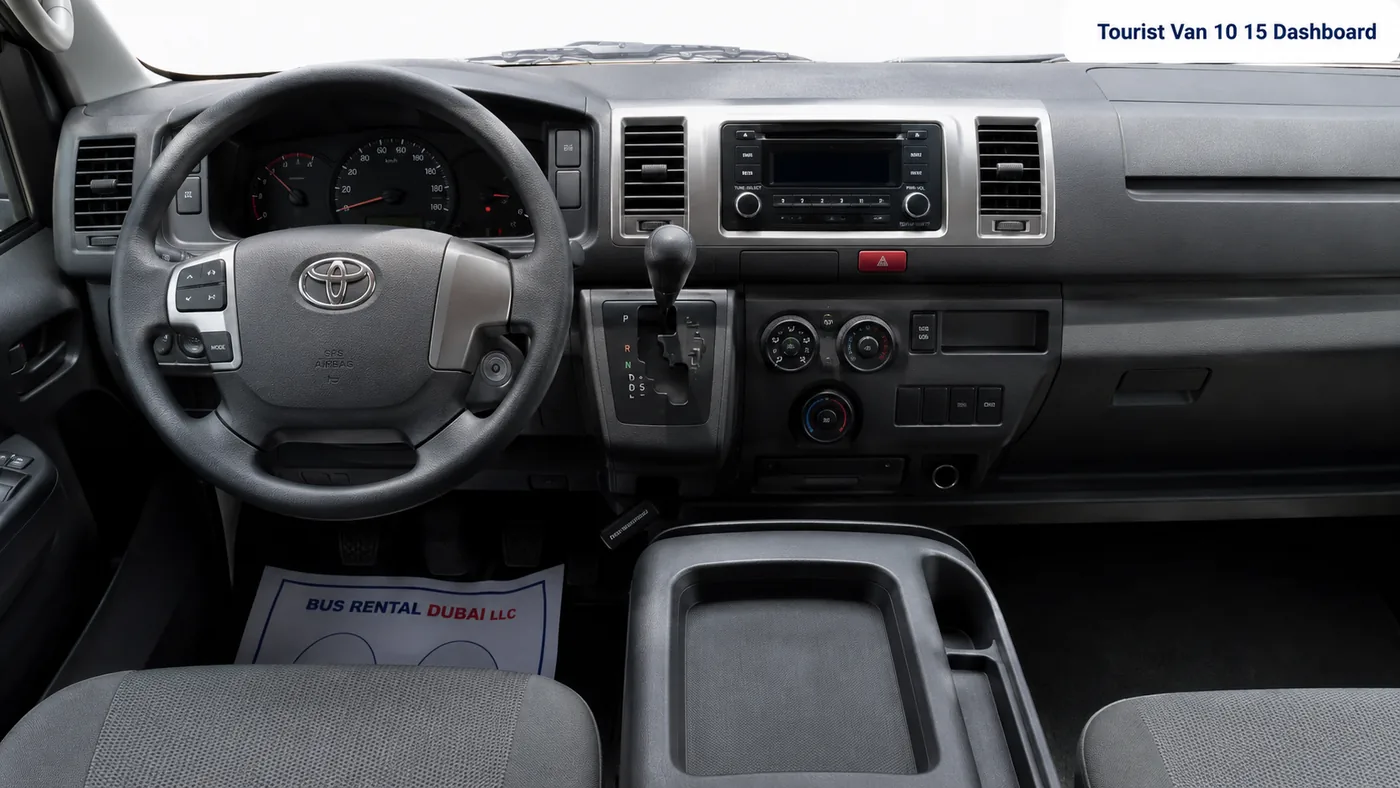 10 to 15 Seater Tourist Van Rental Dubai — Dashboard Cockpit Image for Bus Rental Dubai