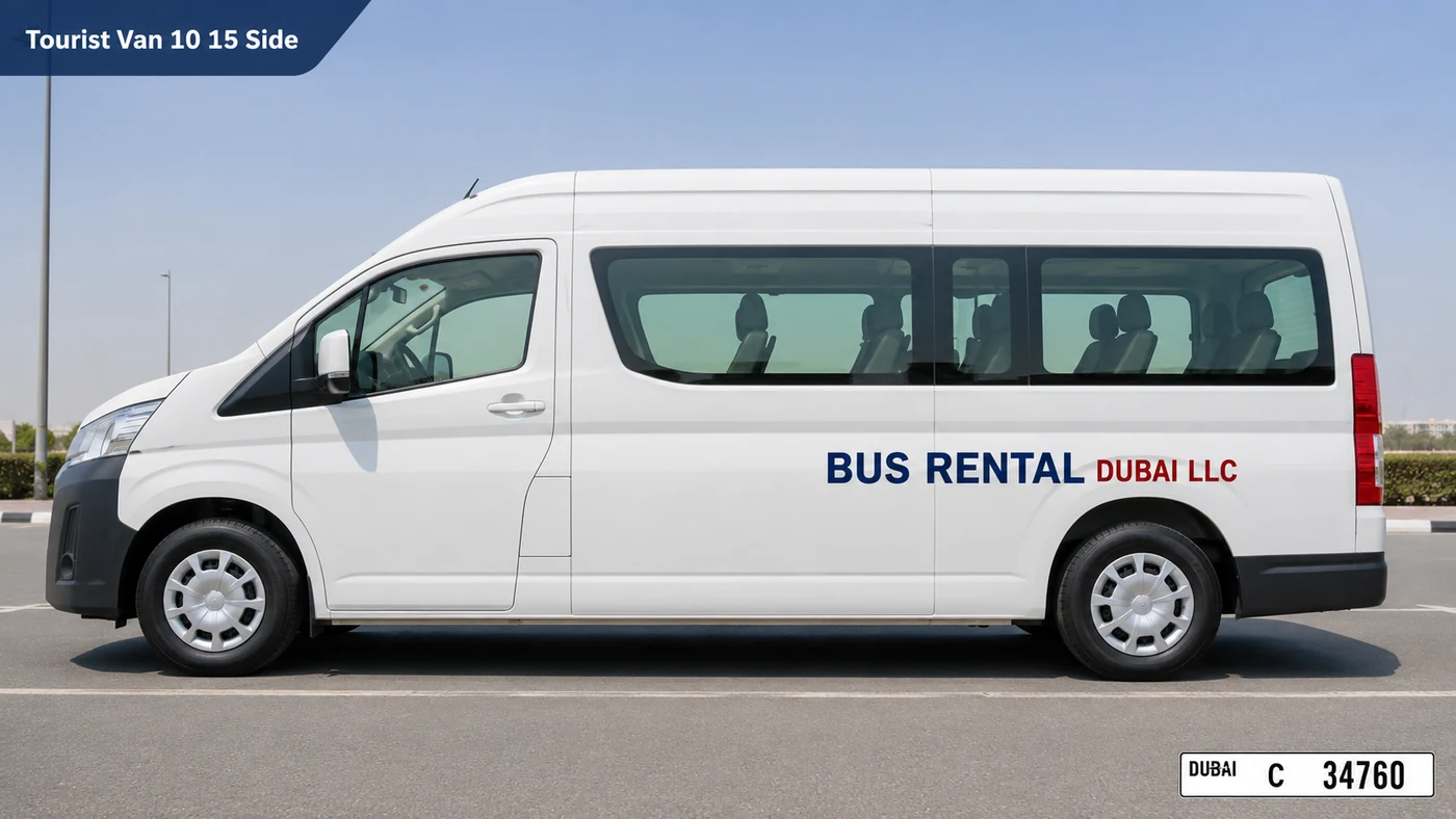 10 to 15 Seater Tourist Van Rental Dubai — Vehicle Side Exterior for Bus Rental Dubai