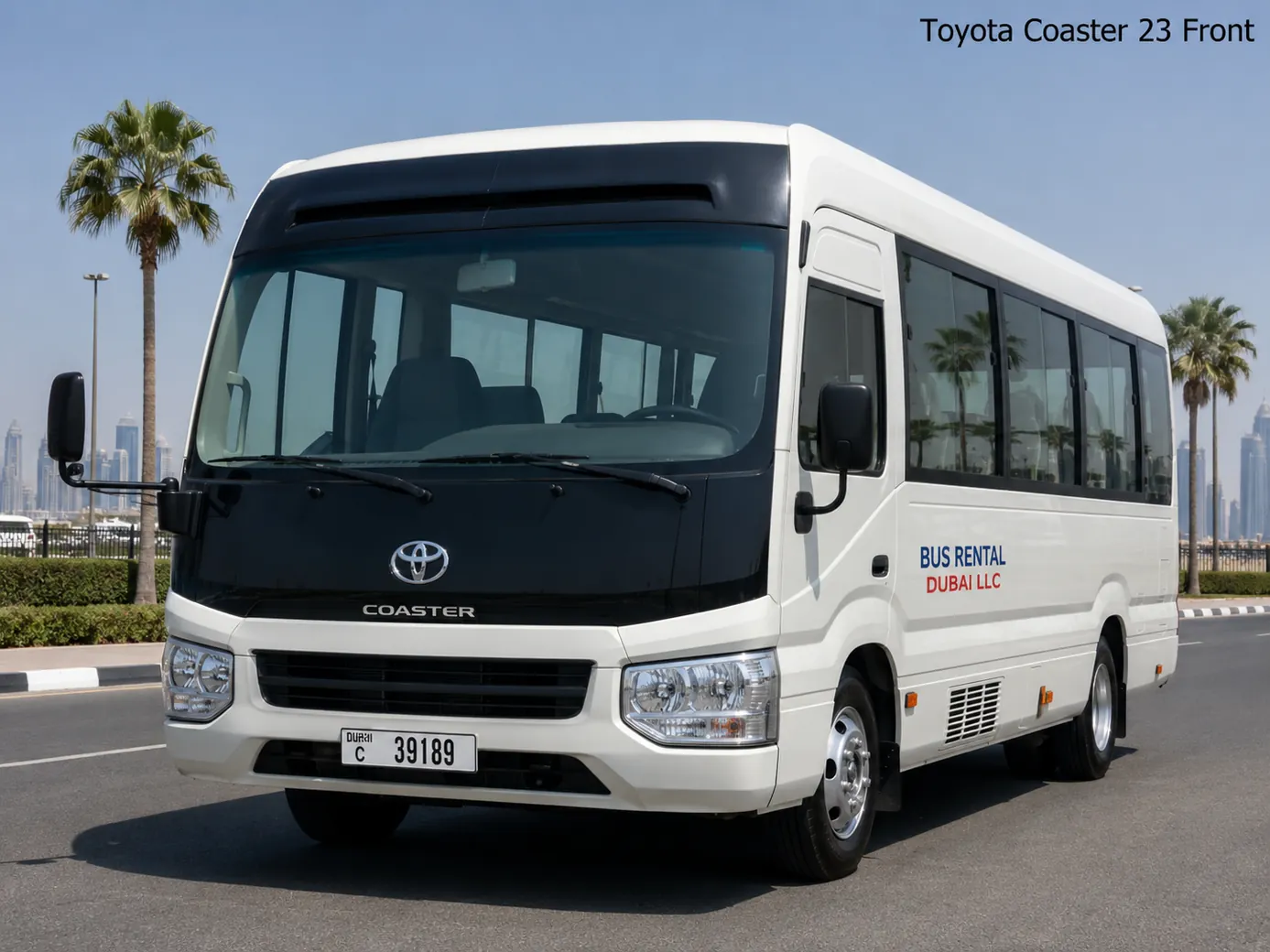 Toyota Coaster 23 Seater — toyota coaster 23 front for Bus Rental Dubai