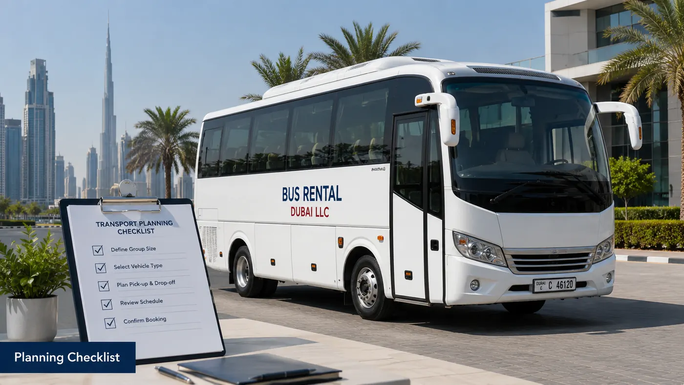 Planning checklist for a Dubai bus booking request.