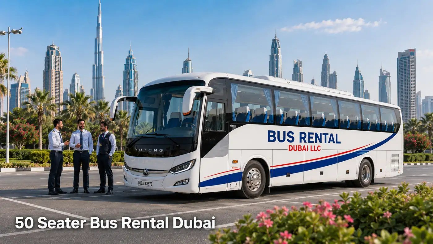 Large-group coach image for events, tourism, staff routes, school trips and UAE transfers.