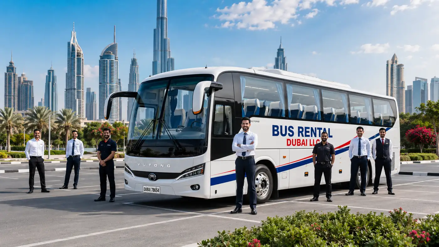 Bus Rental Dubai luxury coach with driver for airport transfers corporate events staff routes and group travel