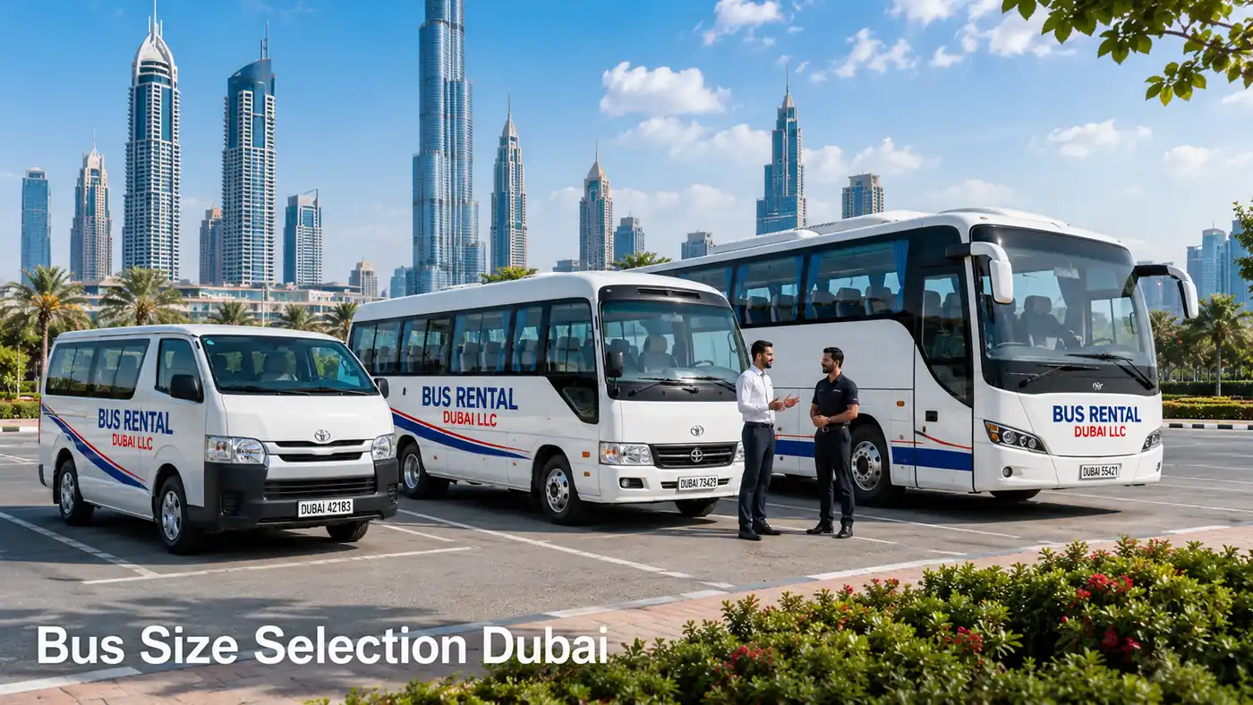 Visual vehicle-size guidance for selecting vans, minibuses, coasters, 35 seater buses and 50 seater coaches.