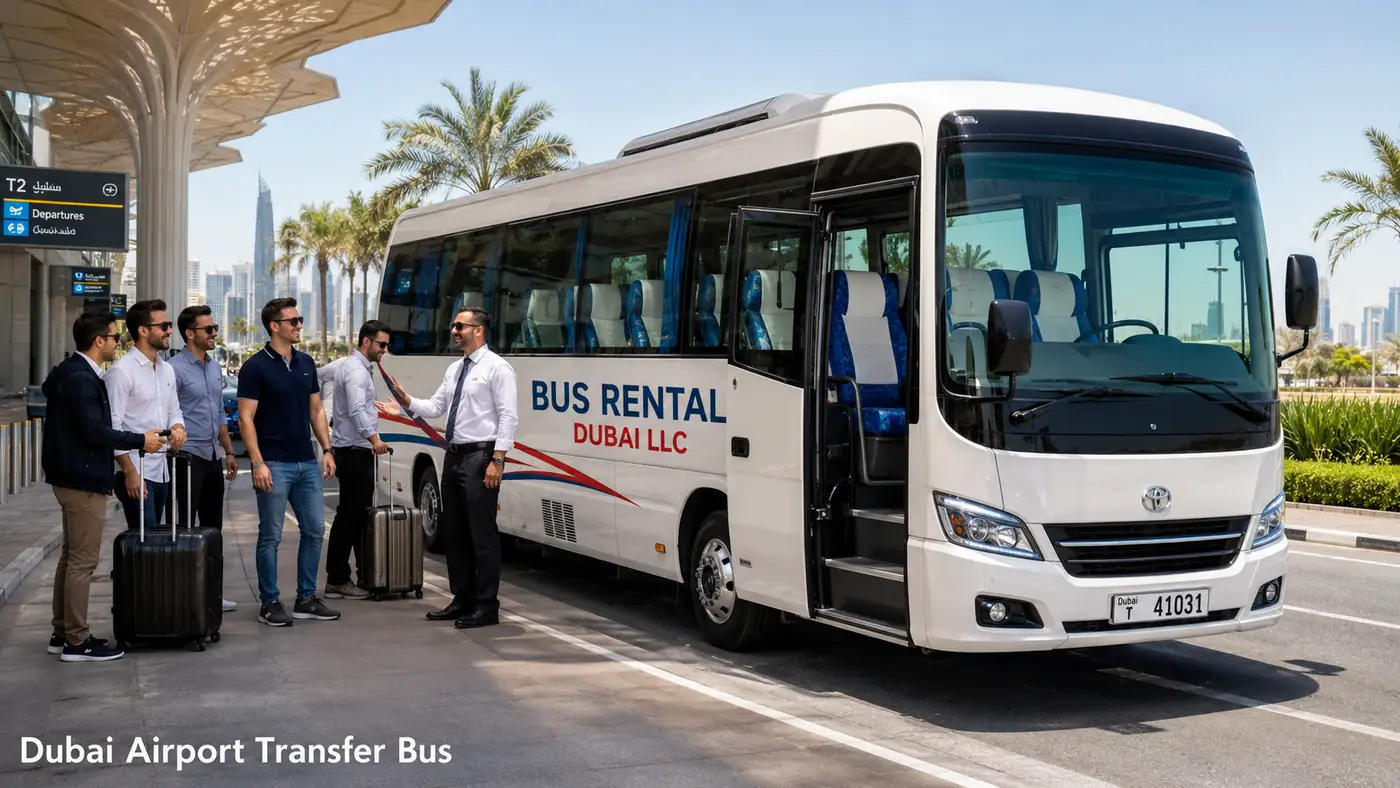 Airport transfer bus scene for DXB, DWC, hotel arrivals and luggage-friendly group movement.