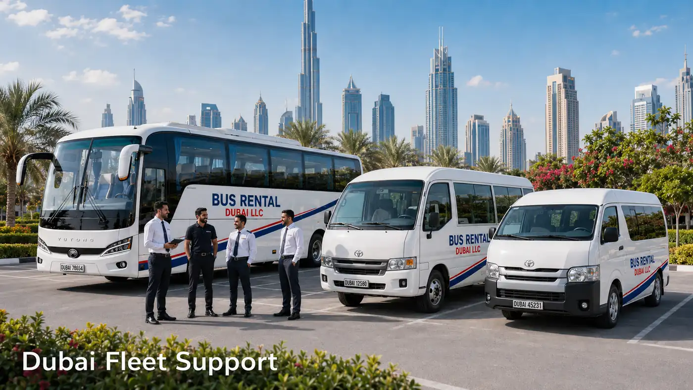 Mixed fleet support for vans, minibuses, luxury coaches and staff buses in a clean Dubai transport setting.