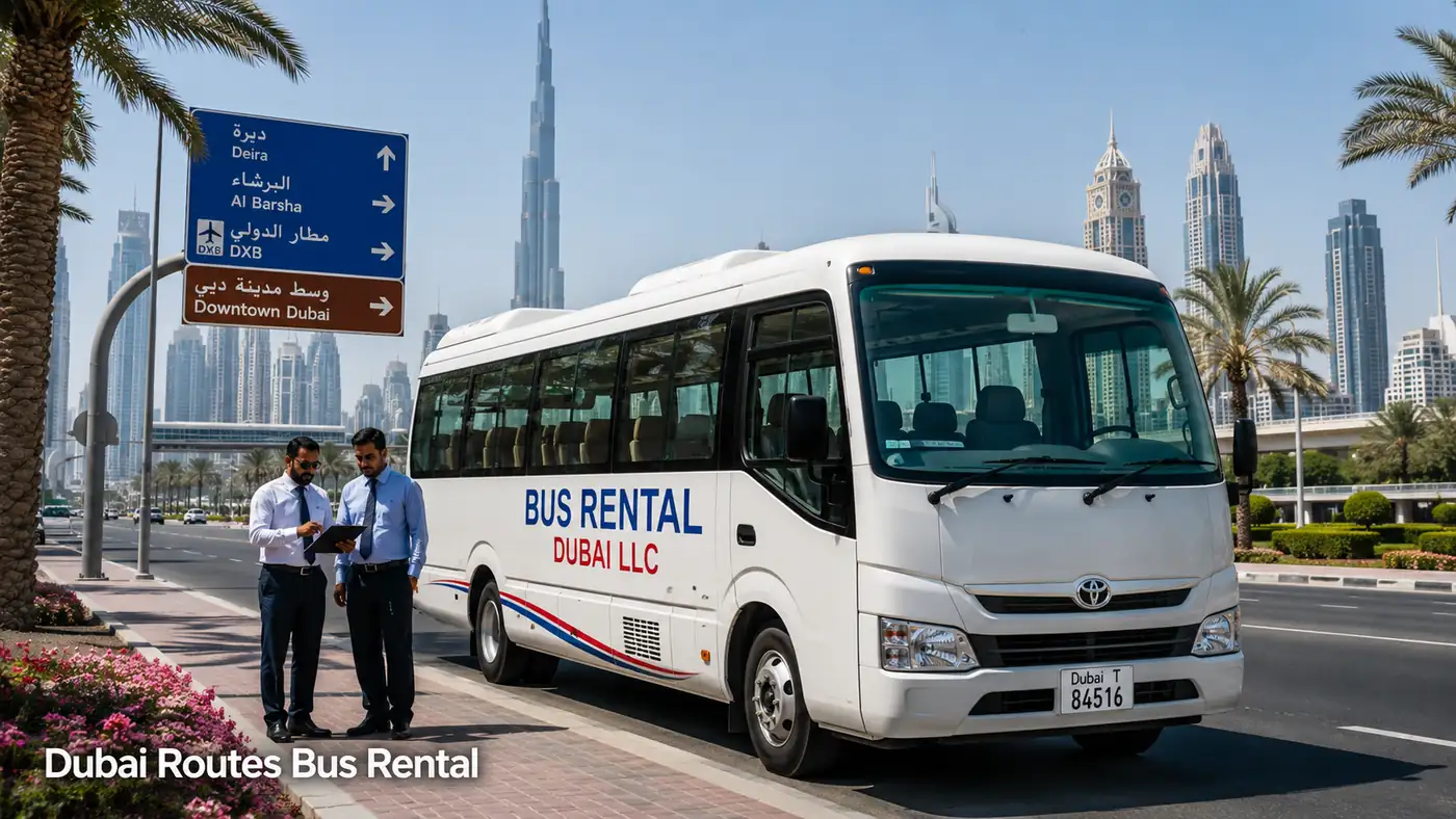Route-focused Dubai bus rental image for city areas, landmarks, business districts and transport corridors.