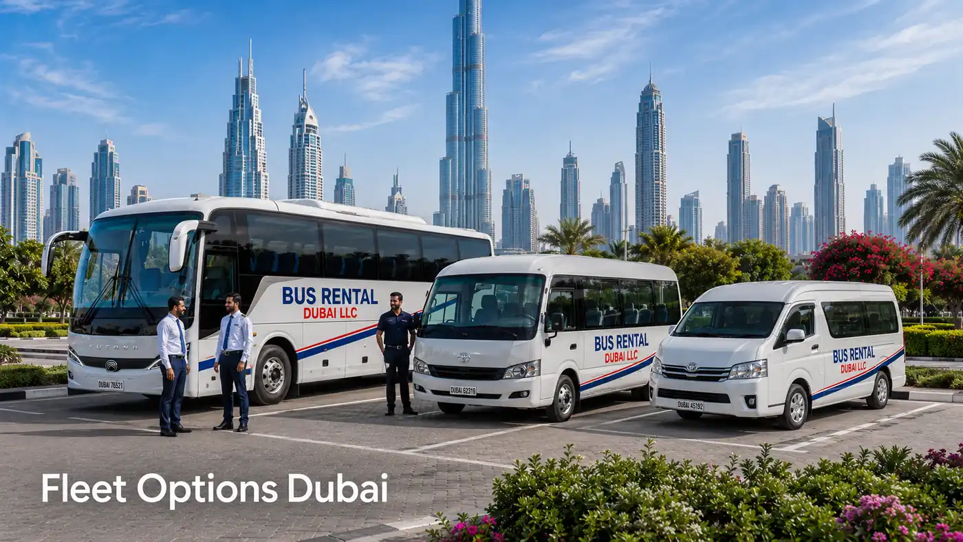 Luxury coach, minibus and van options presented together for easy customer comparison.