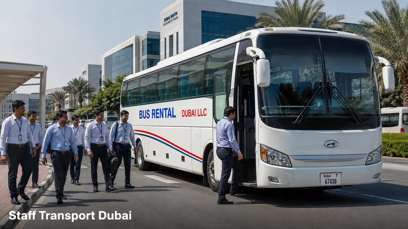 Corporate staff bus scene for offices, hotels, business parks and daily employee movement.