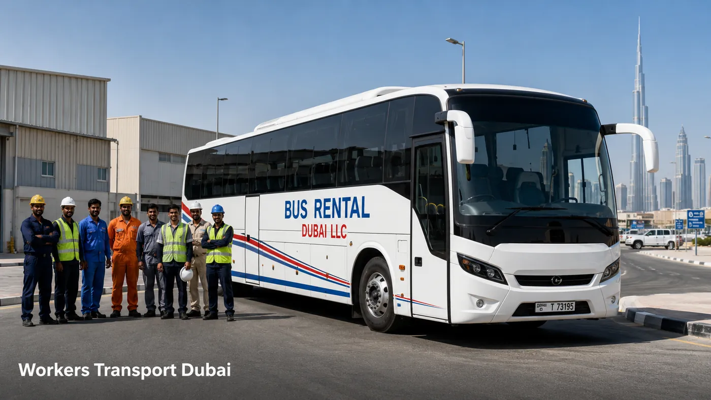 Workforce transport scene for labor camps, warehouses, industrial areas and project sites.