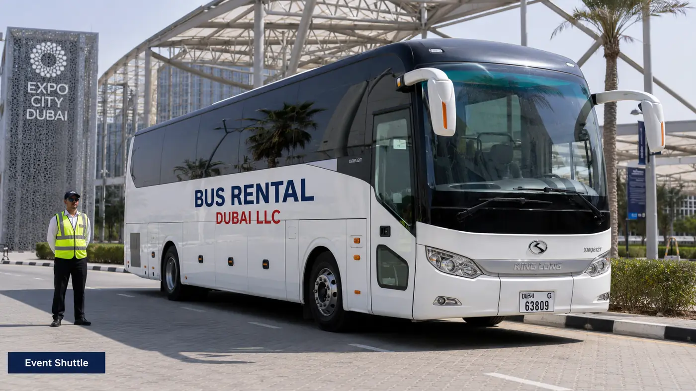 Event shuttle bus operating repeated pickup and venue loops.
