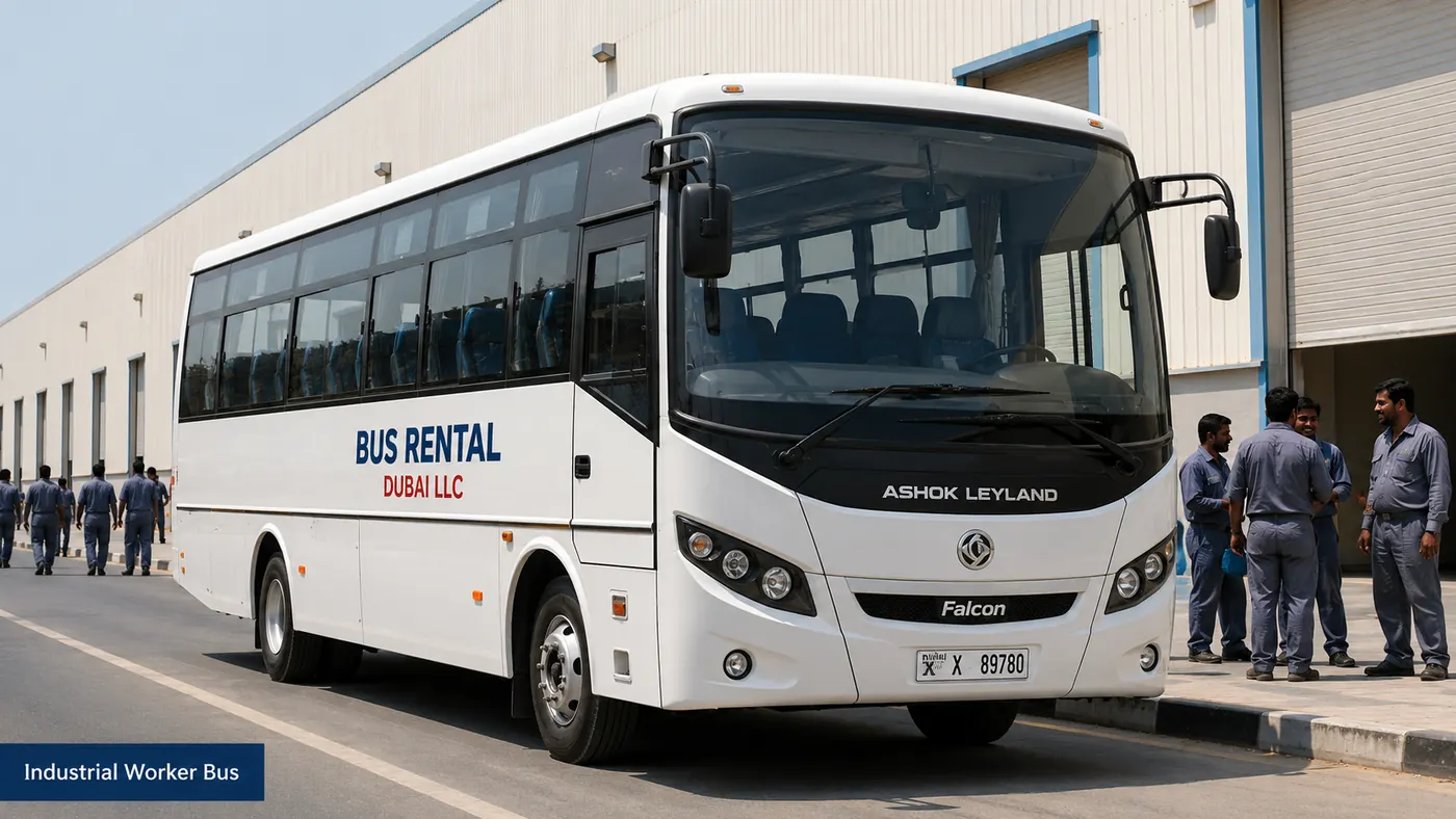 workers transport dubai — Industrial Worker Bus image for Bus Rental Dubai